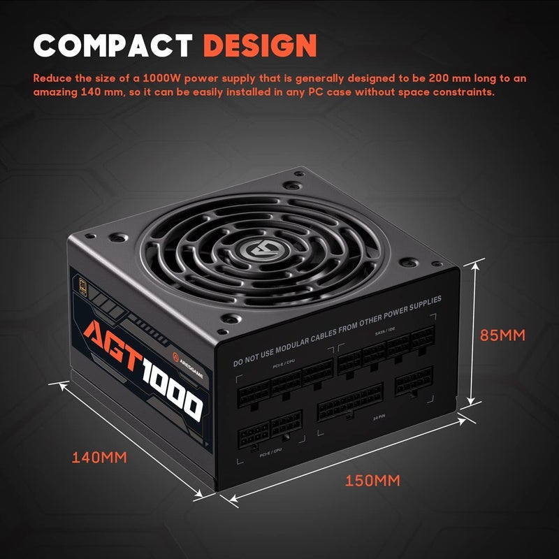 ARESGAME مزود طاقة AGT Series 1000W، معتمد 80+ ذهبية، كامل الوحدات، مروحة FDB، حجم مدمج 140 مم، ضمان 10 سنوات، مزود طاقة للألعاب ATX - Image 5